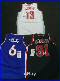 3x Autographed NBA jerseys Rodman, Dr J, Harden. All with individual COA'S
