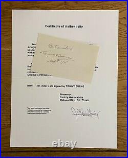 An original signed index card by Tommy Burns (with COA) RARE