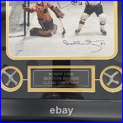 BOBBY ORR AUTOGRAPHED 17.5x19 FRAMED PHOTO BOSTON BRUINS GAME USED NET WITH COA