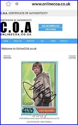 Topps Star Wars Card with Mark Hamill Signature Luke Skywalker COA Excellent