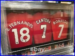 Triple Framed Man Utd Shirts Signed By Ronaldo, Fernandes and Cantona with COA