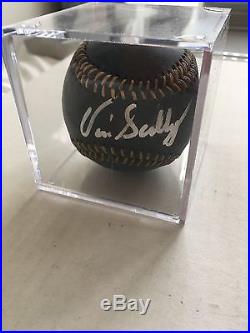 Vin scully autographed signed baseball unique black ball with Silver marker COA