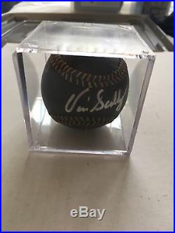 Vin scully autographed signed baseball unique black ball with Silver marker COA